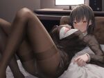  1girl :o absurdres ass bangs bed black_hair black_jacket blush breasts brown_eyes brown_legwear cleavage computer desk feet_out_of_frame formal highres indoors jacket knees_up large_breasts legs long_sleeves looking_at_viewer lying monitor non-web_source office_lady on_back on_bed open_mouth original panties panties_under_pantyhose pantyhose pencil_skirt shirt skirt skirt_suit solo suit suzuame_yatsumi thighband_pantyhose underwear white_panties white_shirt 