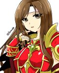  1girl altena_(fire_emblem) armor bangs breastplate brown_eyes brown_hair fire_emblem fire_emblem:_genealogy_of_the_holy_war headband lips long_hair looking_at_viewer open_mouth parted_bangs shoulder_armor simple_background solo white_background white_headband yukia_(firstaid0) 