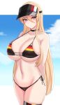  1girl absurdres alternate_breast_size arms_behind_back azur_lane bikini bismarck_(azur_lane) blonde_hair breasts cleavage collar flag_print german_flag_bikini highres huge_breasts kanta_(kanta_077) looking_to_the_side navel side-tie_bikini sky solo swimsuit thick_thighs thighs visor_cap 