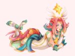  1girl absurdres bare_legs bare_shoulders blush body_markings feet finger_to_mouth floating floating_object gloves green_eyes green_gloves green_hair hans_ft headgear highres league_of_legends long_hair looking_at_viewer lying multicolored multicolored_hair neeko_(league_of_legends) on_stomach orange_skirt parted_lips pink_background pink_hair signature simple_background skirt solo star_(symbol) star_guardian_(league_of_legends) star_guardian_neeko symbol-shaped_pupils tail tail_wrap toeless_legwear white_footwear yellow_pupils 