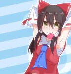  1boy armpits bangs black_hair bow ccc_star5 closed_mouth commentary_request condom condom_wrapper cookie_(touhou) detached_sleeves eyebrows_visible_through_hair hair_between_eyes hair_bow hair_tubes hakurei_reimu long_hair looking_at_viewer male_focus mouth_hold mugi_(cookie) otoko_no_ko red_bow sarashi smile solo touhou upper_body yellow_eyes yellow_neckwear 