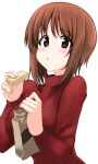  1girl :t absurdres aikir_(jml5160) bag bangs blush brown_eyes brown_hair casual commentary eating eyebrows_visible_through_hair food girls_und_panzer highres holding holding_bag holding_food long_sleeves looking_at_viewer mre nishizumi_miho red_shirt shirt short_hair simple_background solo upper_body white_background 