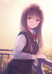 1girl black_vest bow bowtie brown_hair closed_mouth commentary_request light_smile long_hair long_sleeves looking_at_viewer nagidango original purple_eyes red_neckwear school_uniform shirt solo sunset sweater_vest uniform upper_body vest white_shirt 