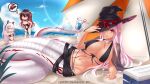  3girls arm_support axent_wear beach beach_umbrella bikini black_bikini black_hair breasts cat_ear_headphones choker closed_eyes cooler cup day drinking_glass food glass gradient_hair hair_between_eyes hands_on_hips hat headphones highres ice_cream kyara_akaro lamia large_breasts long_hair lying midnight_(banyex) monster_girl multicolored_hair multiple_girls navel on_side one-piece_swimsuit original pink_hair pointy_ears ponytail popsicle red_eyes sitting speech_bubble standing swimsuit tattoo umbrella white_hair witch_hat 