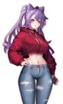  1girl absurdres blush cellphone choker cropped_hoodie dalman denim genshin_impact hair_cones highres hood hoodie jeans keqing_(genshin_impact) long_hair looking_at_viewer midriff navel pants phone phone_with_ears purple_eyes purple_hair solo torn_clothes torn_jeans torn_pants twintails wide_hips 