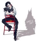  1boy black_footwear black_hair black_pants chair colored_sclera highres holding horns mouth_hold neck_tattoo original pants pigeon666 ponytail red_sclera shadow shirt shoes sitting sitting_backwards solo tattoo werewolf white_background white_shirt wing_collar wolf 
