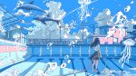  1girl black_hair black_skirt blue_sky building cloud cloudy_sky dolphin empty_pool fence from_behind highres ichigoame jellyfish long_hair long_sleeves original outdoors shadow shirt skirt sky solo standing tree water white_shirt wide_shot 