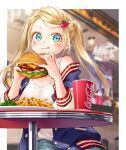  1girl aqua_eyes blonde_hair blush burger cheese cherry_hair_ornament coca-cola commentary cup food food-themed_hair_ornament french_fries hair_ornament holding holding_food indoors lettuce off_shoulder original panndarake reflection shadow sitting solo table tank_top tongue tongue_out twintails upper_body white_tank_top 