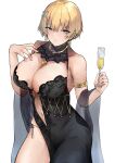  1girl absurdres alcohol armlet black_dress blonde_hair breasts cleavage cleavage_cutout clothing_cutout cup dress drinking_glass earrings girls_frontline hair_ornament highres jewelry kyoyakyo large_breasts mole mole_on_breast navel_cutout panties short_hair side-tie_panties snowflake_hair_ornament string_panties underwear veil vsk-94_(girls_frontline) wine wine_glass 