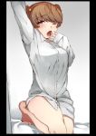 1girl alisa_(girls_und_panzer) arm_up bangs barefoot bed_sheet black_outline brown_eyes brown_hair commentary dress_shirt eyebrows_visible_through_hair freckles girls_und_panzer hair_ornament half-closed_eye hand_to_own_mouth highres iw_(iw26586381) kneeling legs light_blush long_sleeves looking_at_viewer no_pants on_bed one_eye_closed open_mouth shirt short_hair short_twintails solo star star_hair_ornament twintails white_shirt yawning 