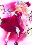  1girl absurdres ascot blonde_hair blurry blurry_background calpis118 crystal finger_to_mouth flandre_scarlet frilled_shirt_collar frills from_below full_body hair_between_eyes hat hat_ribbon highres holding holding_wand laevatein_(touhou) mary_janes medium_hair mob_cap open_mouth rainbow_order red_background red_eyes red_footwear red_ribbon red_skirt red_theme red_vest ribbon shirt shoes short_sleeves side_ponytail skirt skirt_set socks solo touhou vest wand white_headwear white_legwear white_shirt wings yellow_ascot 