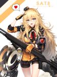  1girl baek_hyang bangs bike_shorts blonde_hair blush breasts character_name collared_jacket dated dinergate_(girls_frontline) girls_frontline gloves green_eyes gun hair_between_eyes hair_ornament hairband heart highres holding holding_gun holding_weapon italian_flag_neckwear jacket large_breasts long_hair looking_at_viewer messy_hair neck_ribbon open_mouth orange_hairband pleated_skirt ribbon s.a.t.8_(girls_frontline) s.a.t.8_(gun) salute shield shotgun sidelocks signature simple_background skirt smile snap-fit_buckle spoken_heart turtleneck very_long_hair weapon white_background 