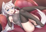  9a-91_(girls_frontline) animal_ears anthropomorphism aqua_eyes blush catgirl couch elbow_gloves fang girls_frontline gloves gray_hair leotard long_hair ponytail tail thighhighs umou_(may65879) 