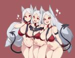  animal_ears bikini breast_hold cameltoe cerberus_(helltaker) demon doggirl fang gloves gray_hair helltaker long_hair navel red_eyes slugbox swimsuit tail tie 