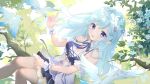  animal aqua_hair bird blue_eyes dress flowers long_hair original pointed_ears somna tree watermark 