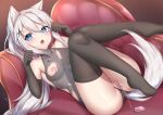  9a-91_(girls_frontline) animal_ears anthropomorphism aqua_eyes blush catgirl censored couch elbow_gloves fang girls_frontline gloves gray_hair leotard long_hair masturbation nipples ponytail pussy pussy_juice tail thighhighs torn_clothes umou_(may65879) vibrator 