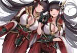 2girls armor blush breasts brown_eyes brown_hair cleavage corset eternity_(pixiv8012826) gloves hinoa japanese_clothes long_hair minoto monster_hunter monster_hunter_rise pointed_ears twins 
