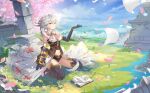  book clouds elbow_gloves flowers gloves grass gray_hair hongse_beiyu landscape navel petals ruins scenic short_hair sky tree water 