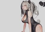  animal_ears arknights bondage breasts chinese_clothes chinese_dress cleavage collar cropped dress fang feater_(arknights) gloves gray gray_hair long_hair nashidrop orange_eyes sketch tail twintails 