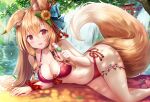  aliasing animal_ears bikini blonde_hair blush cropped food foxgirl long_hair navel original red_eyes sakura_ani swimsuit tail torii water waterfall 