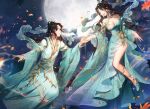  applecaramel_(acaramel) black_hair blue_eyes breasts chinese_clothes cleavage clouds cropped leaves long_hair male moon night sky 