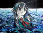  1girl absurdres acrylic_paint_(medium) aqua_sweater artist_name black_eyes black_hair black_sky collared_shirt highres horizon kawakami_yoshiro long_hair no_nose oil_painting_(medium) open_mouth original painting_(medium) red_ribbon ribbon shirt solo surreal traditional_media upper_body vanishing_point waves wet white_shirt 