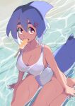  1girl absurdres azuumori bangs bare_legs barefoot blue_hair breasts cleavage fish_tail food hair_between_eyes hair_ornament hairclip highres knees_out_of_frame large_breasts looking_at_viewer mouth_hold one-piece_swimsuit original pink_eyes popsicle shark_fin shark_girl shark_girl_(azuumori) shark_tail sharp_teeth solo swimsuit tail teeth wet white_swimsuit 