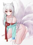  animal_ears asian_clothes bandages bottomless kano_(wi3028) kitsune no_bra open_shirt see_through tail 