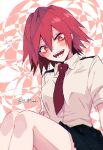  1girl anoko_(darenokoanoko) bangs black_skirt blush boku_no_hero_academia breasts brown_background collared_shirt from_below genderswap genderswap_(mtf) grey_shirt hair_between_eyes highres kirishima_eijirou medium_breasts necktie red_eyes red_necktie sharp_teeth shirt sitting skirt smile solo teeth translated white_background 