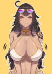  1girl band-width bikini black_hair breasts brown_eyes commentary commission eyewear_on_head highres large_breasts long_hair motion_lines navel shoulder_tattoo smile solo swimsuit tan tattoo white_bikini yellow_background 