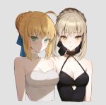  2girls ahoge alternate_breast_size artoria_pendragon_(fate) bare_shoulders black_dress blonde_hair blush braid breasts choker cleavage commentary cropped_arms cropped_torso crown_braid dress expressionless eyebrows_visible_through_hair fate/grand_order fate/stay_night fate_(series) french_braid green_eyes halterneck hana3901 highres looking_at_viewer medium_breasts multiple_girls saber saber_alter shaded_face small_breasts strapless strapless_dress symbol-only_commentary white_background white_choker white_dress yellow_eyes 
