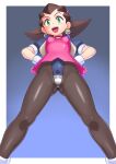  1girl artist_request ass_visible_through_thighs brown_hair cropped_jacket crotch_plate earrings feet_out_of_frame gloves green_eyes hair_pulled_back hairband hands_on_hips highres jewelry legs_apart mega_man_(series) mega_man_legends pink_hairband puffy_short_sleeves puffy_sleeves short_sleeves solo tron_bonne_(mega_man) 