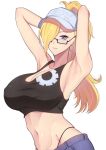  1girl armpits arms_behind_head band-width black_tank_top blonde_hair blue_eyes blue_shorts breasts commentary commission glasses hat highres large_breasts long_hair original panty_straps semi-rimless_eyewear shorts smile solo tank_top 
