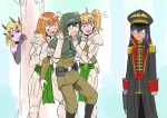  1boy 3girls armor black_hair blonde_hair commissar daemonette eldar flick-the-thief frown gamou_maki glasses hachiouji_naoto hair_ornament hairclip helmet horns ijiranaide_nagatoro-san imperial_guard jealous looking_at_another military military_uniform multiple_girls nagatoro_hayase nervous orange_hair peeking_out shaded_face tree uniform warhammer_40k yoshi_(nagatoro) 