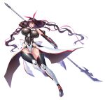  1girl :o alternate_costume aoi_nagisa_(metalder) bare_shoulders boots breasts brown_hair covered_navel fighting_stance fishnets full_body gauntlets glaive hair_ribbon highleg highleg_leotard highres holding holding_weapon large_breasts leotard long_hair looking_at_viewer mizuki_shiranui naginata navel official_art open_mouth polearm red_eyes ribbon simple_background skin_tight skindentation solo taimanin_(series) taimanin_asagi_kessen_arena taimanin_suit taimanin_yukikaze thigh_boots thighhighs twintails vambraces weapon white_background younger zol 