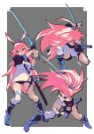  3girls absurdres alternate_eye_color animal_ears blue_eyes blue_footwear closed_mouth fighting_stance fox_ears full_body grey_background hair_between_eyes highres holding holding_sword holding_weapon honkai_(series) honkai_impact_3rd katana multiple_girls naoya_come open_mouth pink_hair pose sheath sheathed simple_background sword weapon white_legwear yae_sakura yae_sakura_(goushinnso_memento) 