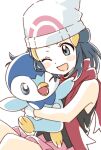  1girl ;d beanie black_hair black_shirt blue_eyes blush_stickers commentary dawn_(pokemon) disconnected_mouth gen_4_pokemon hair_ornament happy hat highres holding holding_pokemon hug namori one_eye_closed open_mouth pink_skirt piplup pokemon pokemon_(creature) pokemon_(game) pokemon_dppt red_scarf scarf shirt simple_background skirt sleeveless sleeveless_shirt smile symbol_commentary white_background white_headwear 