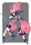  3girls absurdres alternate_eye_color animal_ears blue_eyes blue_footwear closed_mouth fighting_stance fox_ears full_body grey_background hair_between_eyes highres holding holding_sword holding_weapon honkai_(series) honkai_impact_3rd katana multiple_girls naoya_come open_mouth pink_hair pose sheath sheathed simple_background sword weapon white_legwear yae_sakura yae_sakura_(goushinnso_memento) 