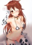  1girl animal_print bangs bell bikini black_collar blush breasts brown_eyes cleavage collar cow_print elbow_gloves eyebrows_visible_through_hair gloves hair_between_eyes hair_flaps hairband kantai_collection long_hair mae_(maesanpicture) medium_breasts neck_bell one_eye_closed red_hairband remodel_(kantai_collection) shiratsuyu_(kancolle) side-tie_bikini simple_background sitting smile solo spoken_squiggle squiggle sweat swimsuit thighhighs twitter_username 