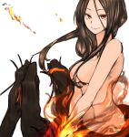  1girl arachne arthropod_girl bangs black_hair breasts chaos_witch_quelaag closed_mouth commentary_request dark_souls_i fire floating_hair hair_between_eyes hair_censor hair_over_breasts long_hair looking_at_viewer lunateelf medium_breasts monster_girl navel no_nipples nude parted_bangs partial_commentary ponytail red_eyes sidelocks simple_background smile solo souls_(series) spider_girl stomach taur white_background 
