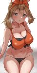  1girl absurdres bangs bare_shoulders blush bow breasts brown_hair cleavage collarbone hair_between_eyes hair_bow highres large_breasts looking_at_viewer mana_nzmr may_(pokemon) navel parted_lips pokemon pokemon_(game) pokemon_oras sitting solo sweat thong 