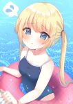  1girl bangs bare_arms bare_shoulders blonde_hair blue_eyes blue_swimsuit blush breasts collarbone commentary_request competition_school_swimsuit eyebrows_visible_through_hair flying_sweatdrops hair_between_eyes highres innertube long_hair looking_at_viewer one-piece_swimsuit original parted_lips plaid school_swimsuit small_breasts solo spoken_flying_sweatdrops suzu_(minagi) swimsuit twintails unmoving_pattern very_long_hair water wet 