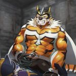  2boys animal_ears bara be_(2368230) bodysuit bulge covered_abs facial_hair furry goatee grin highres imminent_sex large_pectorals live_a_hero male_focus mask multiple_boys muscular muscular_male orange_bodysuit pectorals reward_available ryekie_(live_a_hero) short_hair sitting sitting_on_person smile solo_focus tiger_boy tiger_ears yaoi 