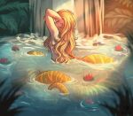  1girl absurdres arms_up artist_logo artist_name back bathing blonde_hair breasts curly_hair from_behind hair_censor highres lamia lily_pad long_hair looking_at_viewer looking_back medium_breasts mirtilo monster_girl nature nude original partially_submerged pond smile solo water waterfall yellow_eyes 
