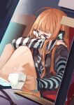  1girl absurdres ahoge artist_request bangs behind-the-head_headphones black-framed_eyewear black_shirt blunt_bangs coffee_cup coffee_mug cup desk detexted disposable_cup glasses headphones highres keyboard_(computer) long_hair long_sleeves monitor mug orange_hair persona persona_5 print_shirt sakura_futaba shirt solo third-party_edit 