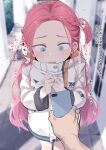 1girl @_@ bee_(deadflow) blue_archive blue_eyes blurry blurry_background blush bow braid cellphone hair_bow highres holding holding_phone jacket long_hair long_sleeves open_mouth phone pov pov_hands red_hair smartphone solo_focus translated white_jacket yuzu_(blue_archive) 