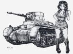  1girl aoshidan_school_uniform ballpoint_pen_(medium) belt boots breasts cleavage clenched_hand collared_shirt commentary_request el_(girls_und_panzer) girls_und_panzer greyscale ground_vehicle hand_on_hip highres kneehighs looking_at_viewer medium_breasts medium_hair military military_vehicle miniskirt monochrome motor_vehicle nspa_(spa-jcs) open_mouth panzerkampfwagen_i partial_commentary partially_unbuttoned school_uniform shirt short_sleeves skirt smile solo standing suspender_skirt suspenders tank traditional_media twitter_username 