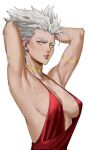  1girl absurdres armpits arms_behind_head arms_up backless_dress backless_outfit bare_shoulders breasts breasts_apart clenched_teeth covered_nipples dress dudlesnoodles evening_gown eyebrows eyelashes garou_(one-punch_man) genderswap genderswap_(mtf) grey_hair halter_dress halterneck highres jewelry lipstick looking_at_viewer makeup medium_breasts no_bra one-punch_man pink_lips pointy_hair red_dress sideboob simple_background solo teeth upper_body white_background yellow_eyes 