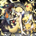  1girl ampharos arm_support bangs bare_shoulders blonde_hair blue_eyes breasts dress electricity elesa_(pokemon) gen_1_pokemon gen_2_pokemon gen_4_pokemon gen_5_pokemon gym_leader headphones highres jolteon leaning_back looking_at_viewer mi-ko_(meeco35) pantyhose pokemon pokemon_(creature) pokemon_(game) pokemon_bw rotom short_dress short_hair sideboob sitting sparkle tight tight_dress yellow_dress zebstrika 