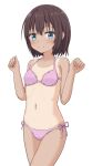  1girl bangs bare_arms bare_shoulders bikini blue_eyes blush breasts brown_hair closed_mouth commentary eyebrows_visible_through_hair hair_between_eyes hands_up highres hippo_(hirople) looking_at_viewer navel one-piece_tan original pink_bikini short_hair side-tie_bikini simple_background small_breasts smile solo swimsuit tan tanline white_background 